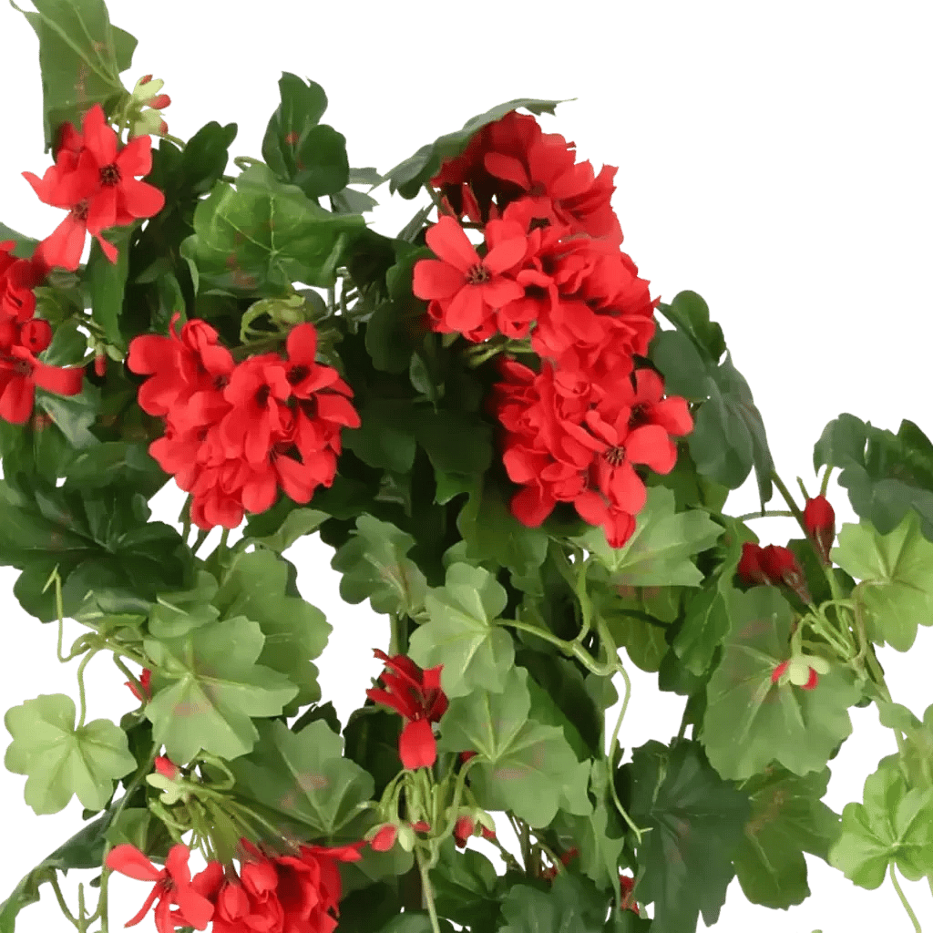 Closeup af Kunstig Geranium cascade hængebusk rød - L: 72 cm.