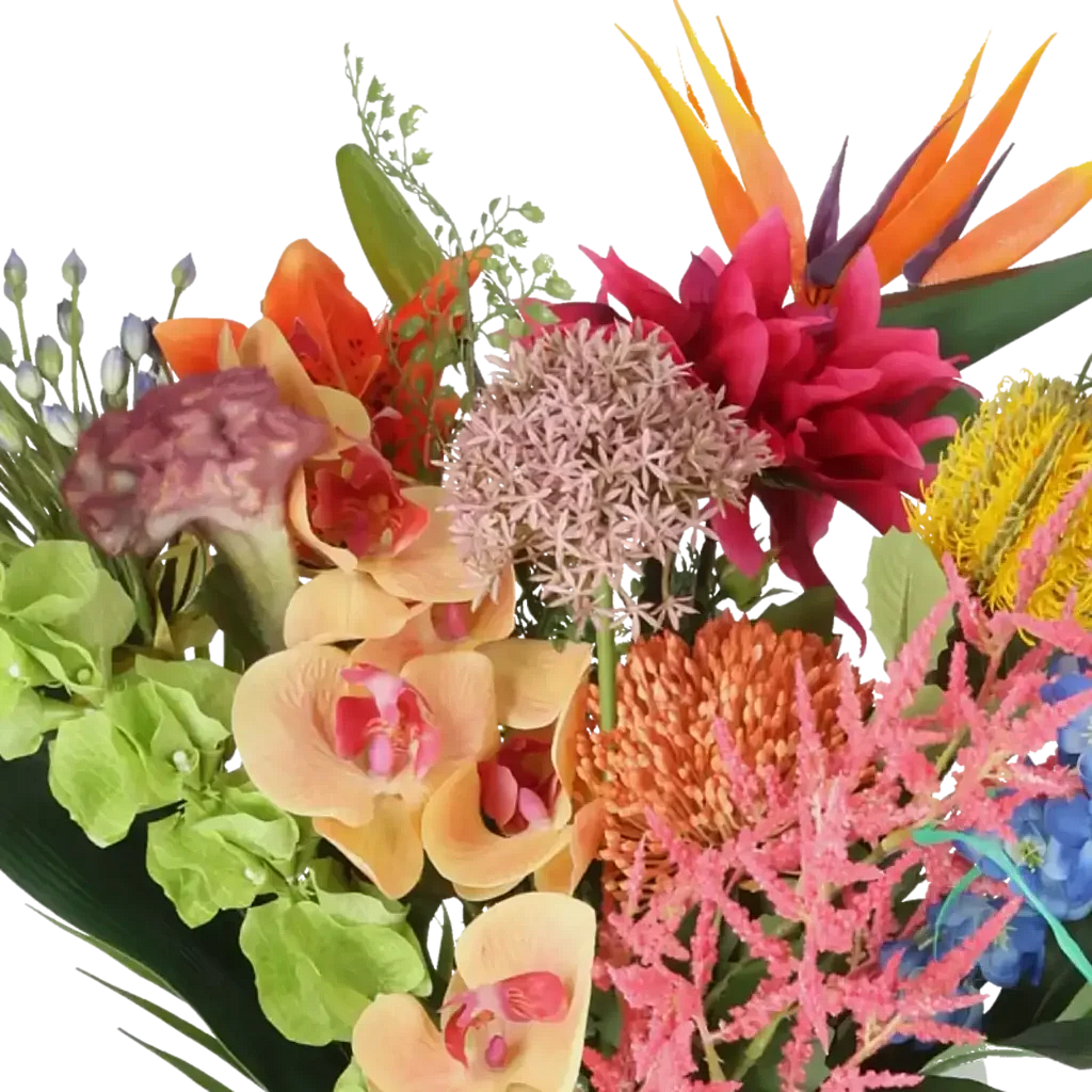 Closeup af Kunstig blomsterbuket Exotic mix.
