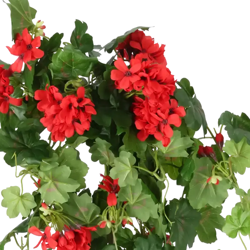 Closeup af Kunstig Geranium cascade hængebusk rød - L: 72 cm.