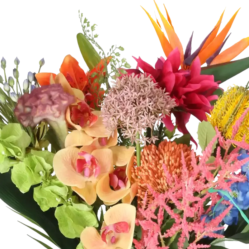 Closeup af Kunstig blomsterbuket - Exotic mix.