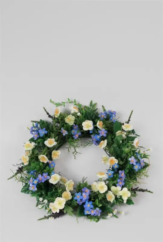 Kunstig blomsterkrans blå.