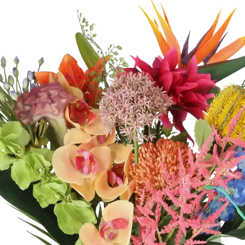 Closeup af Kunstig blomsterbuket Exotic mix.