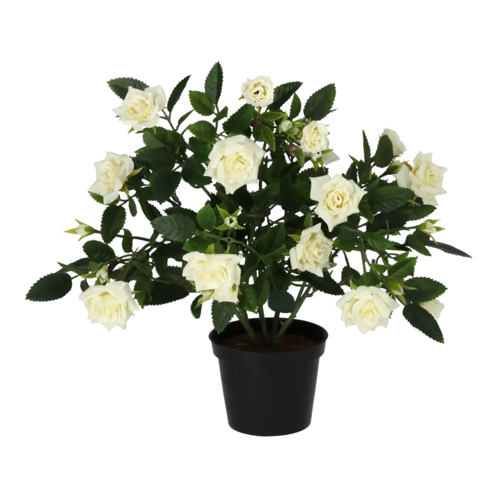 Kunstig mini rose busk hvid - H: 33 cm.