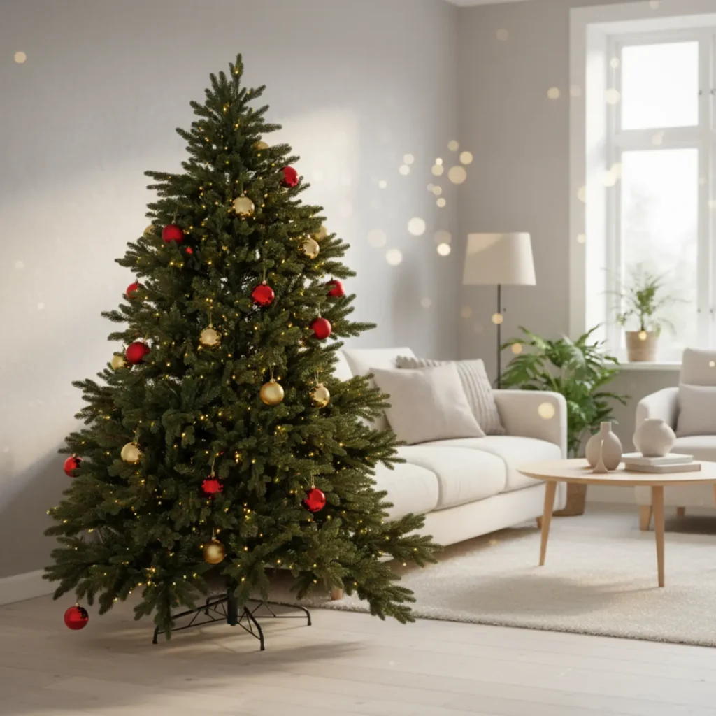 Kunstig Juletræ m. lys og kugler H: 210 cm.