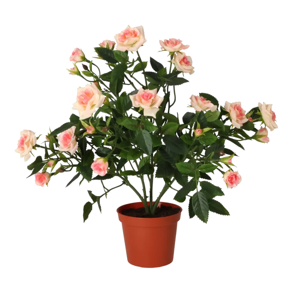 Kunstig mini rose busk lys rosa - H: 33 cm.